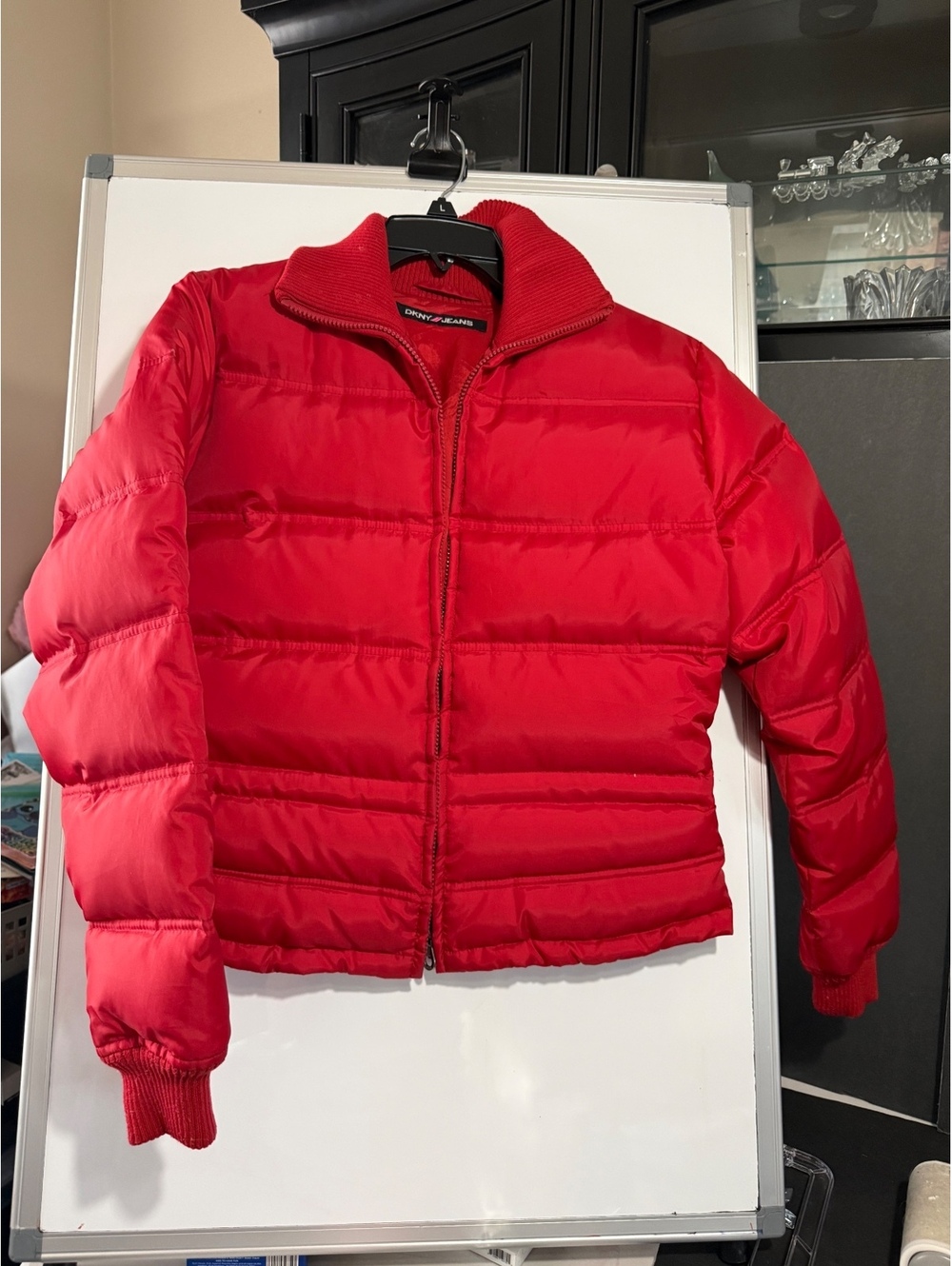 DKNY Jeans Red Puffer Jacket with Ribbed Collar and Logo Detail, Size M
